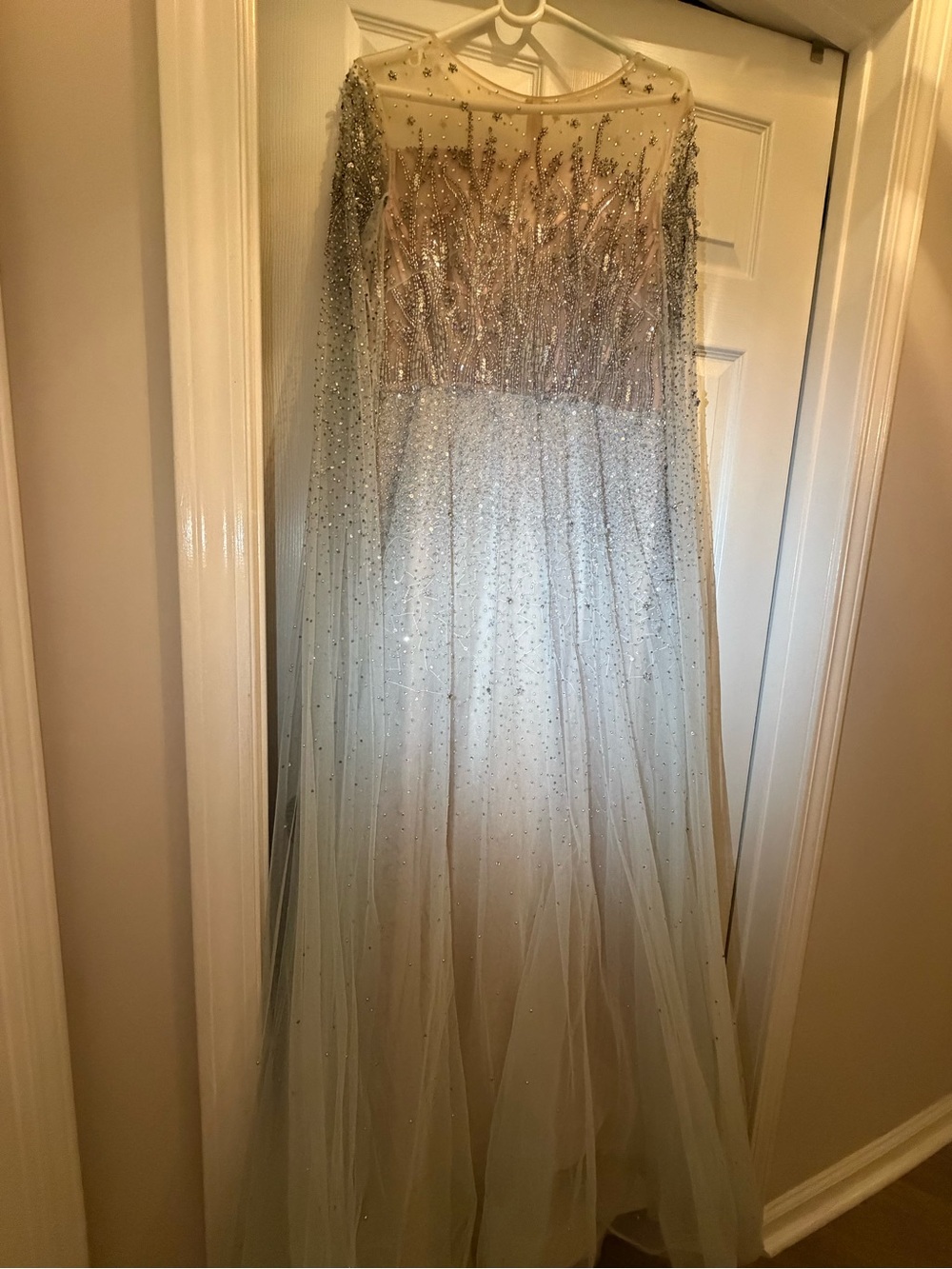 Embellished Silver Long-Sleeve Tulle Evening Dress
